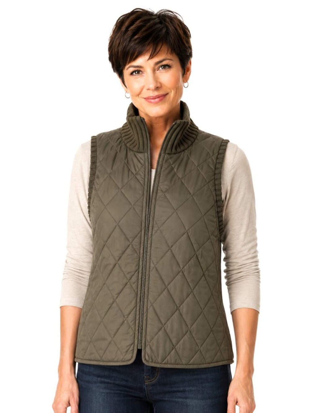 Massimo Dutti Olive Green Quilted Zip Front Vest